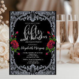 Invitación Rosas Rojas, Rayas Góticas 50 cumpleaños