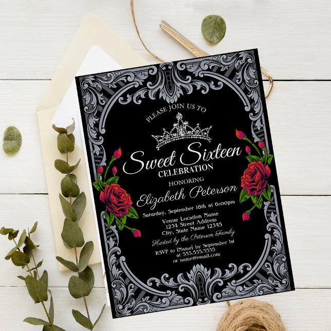 Invitación Rosas Rojas Rayas Negras Góticas Cumple Dulces 16 (Subido por el creador)