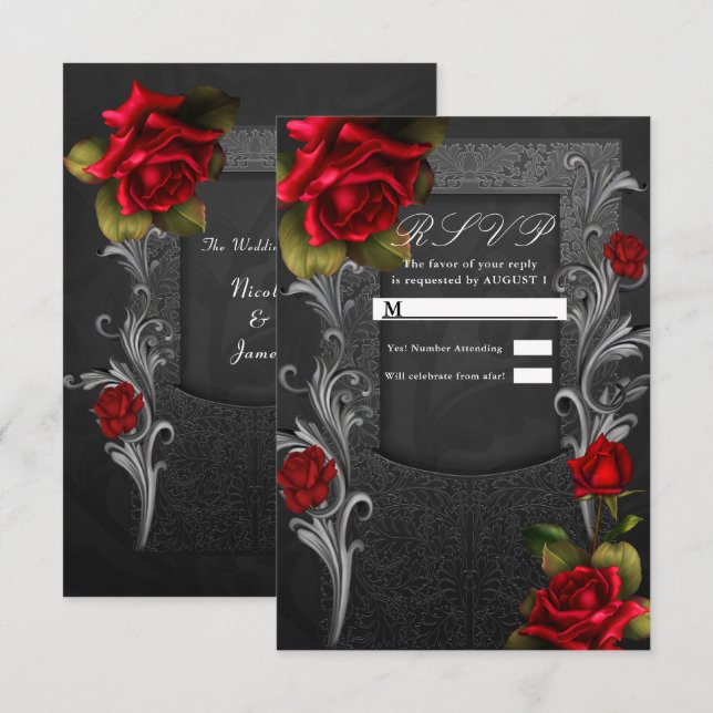 Invitación Rosas Rojas Respuesta de RSVP de Boda Glam con Ado (Anverso / Reverso)