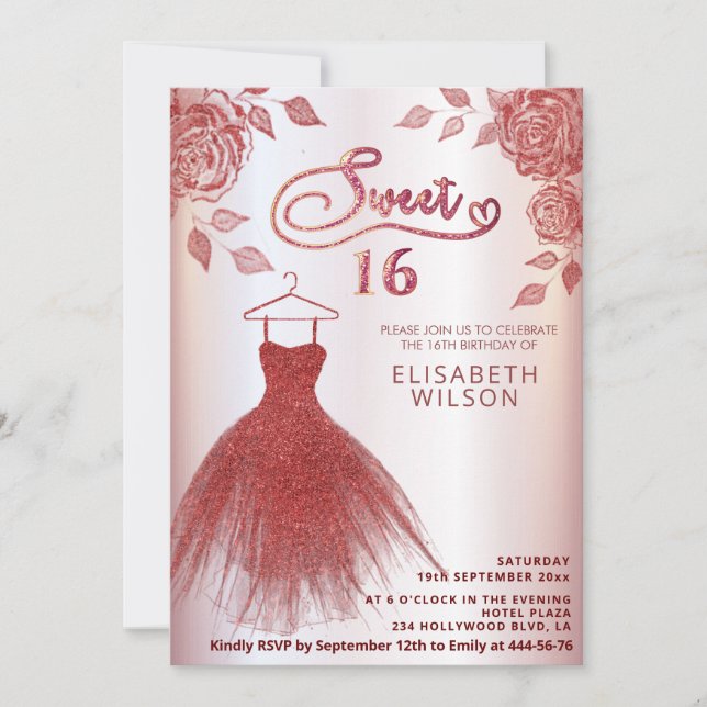 Invitación Rosas rojas rojas rojas vestido purpurina rojo Inv (Anverso)