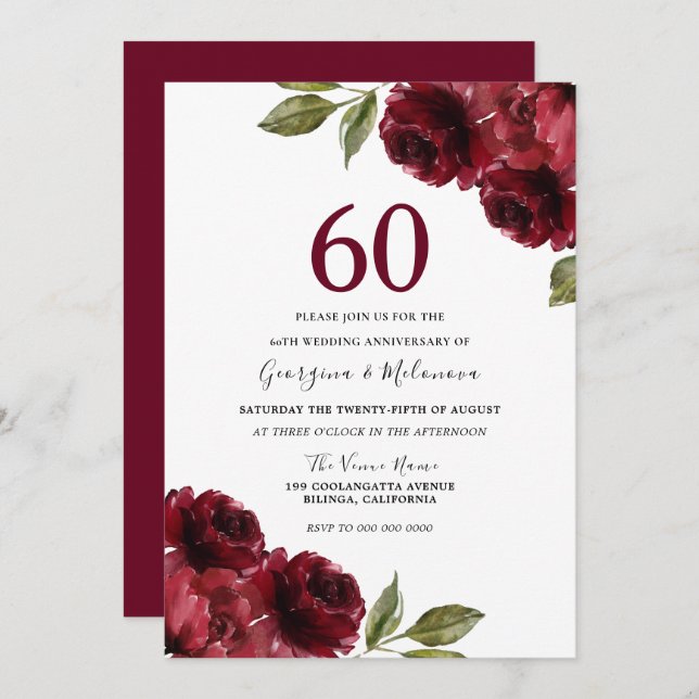 Invitación Rosas Rojas Románticas 60º Aniversario de Boda (Anverso / Reverso)