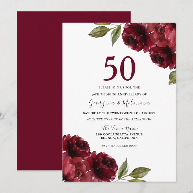 Invitación Rosas Rojas Románticas Aniversario de Bodas de Oro (Anverso / Reverso)