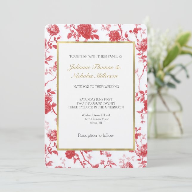 Invitación Rosas Rojas Románticas Bodas Florales (Anverso de pie)
