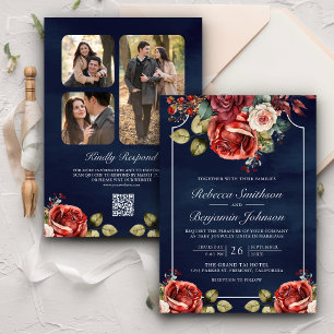 Invitación Rosas Rojas Románticas Código QR Bodas Floral Navy