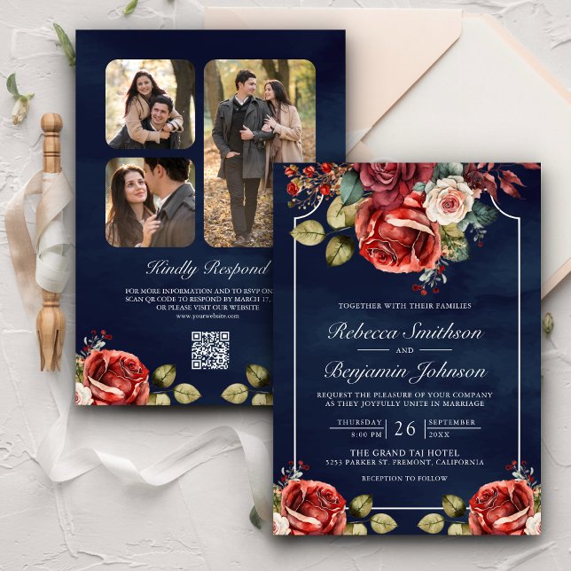 Invitación Rosas Rojas Románticas Código QR Bodas Floral Navy (Subido por el creador)