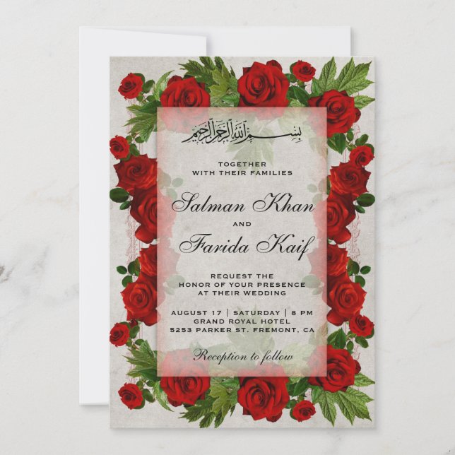 Invitación Rosas rojas románticas contra Boda musulmán islámi (Anverso)