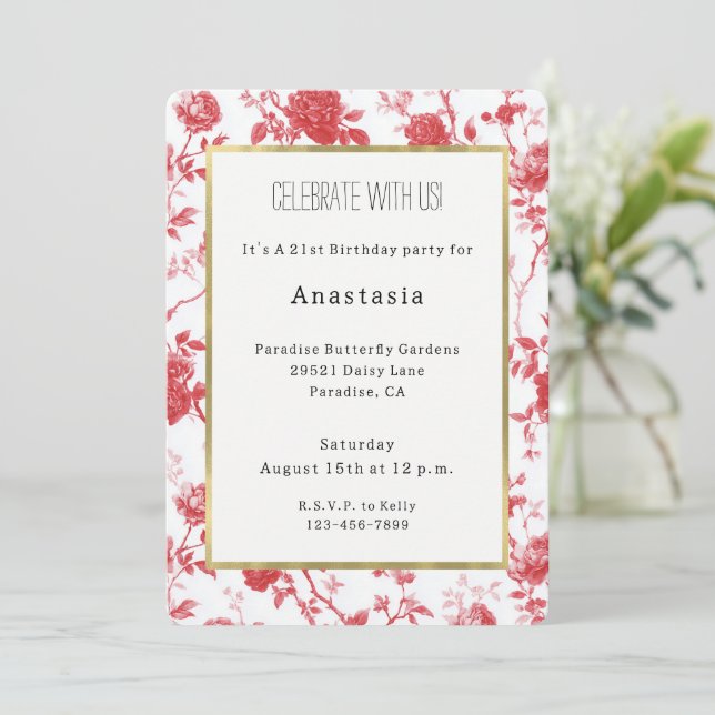 Invitación Rosas Rojas Románticas Cumpleaños Floral (Anverso de pie)