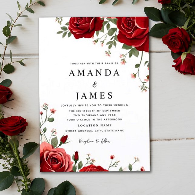 Invitación Rosas Rojas Románticas Monograma Boda Floral (Subido por el creador)