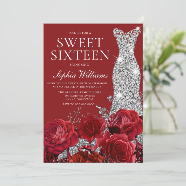 Invitación Rosas Rojas Románticas Plata Diamante Gown Sweet 1 (Anverso de pie)