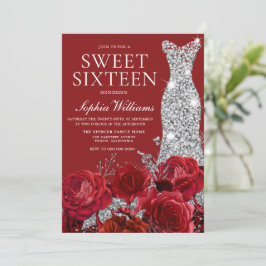 Invitación Rosas Rojas Románticas Plata Diamante Gown Sweet 1