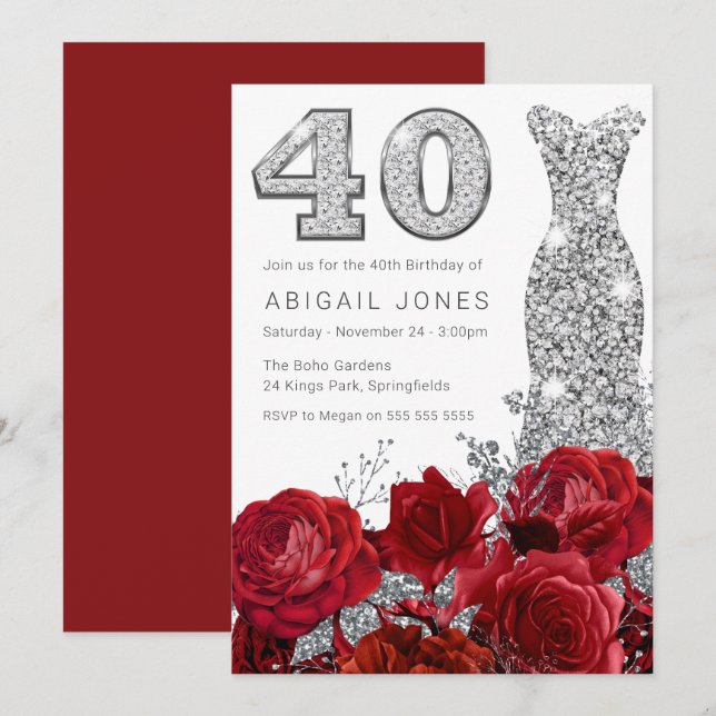 Invitación Rosas Rojas Románticas Vestido Plata 40 Aniversari (Anverso / Reverso)