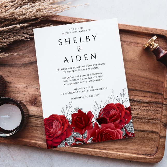 Invitación Rosas rojas románticas y Boda plateado (Subido por el creador)