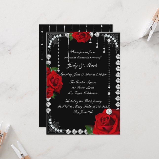Invitación Rosas Rojas Románticas Y Diamantes Ensayos Cena (Anverso/Reverso In Situ)
