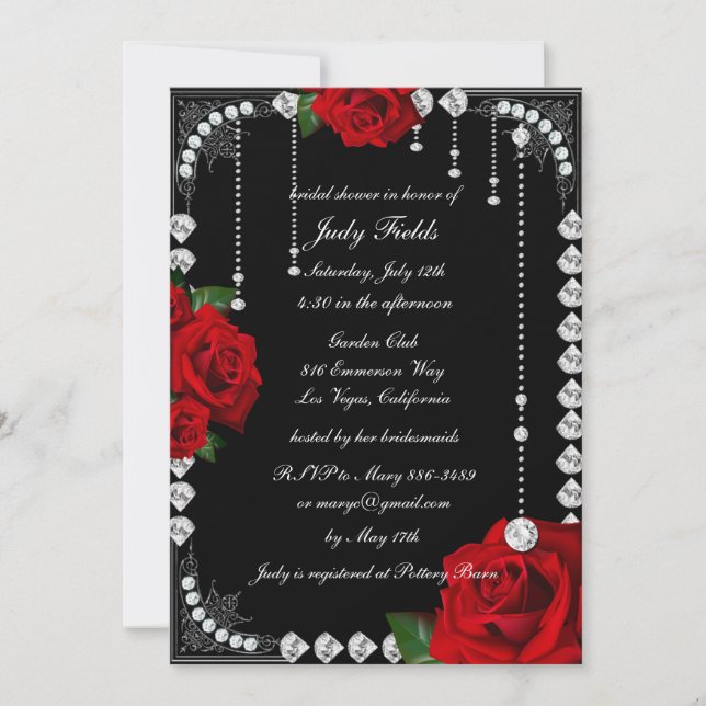 Invitación Rosas Rojas Románticas Y Ducha De Novias De Diaman (Anverso)