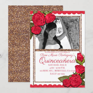 Invitación Rosas Rojas Rosa Dorado Brillo Quinceañera Cumplea