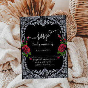 Invitación Rosas rojas,RSVP gótica de franjas
