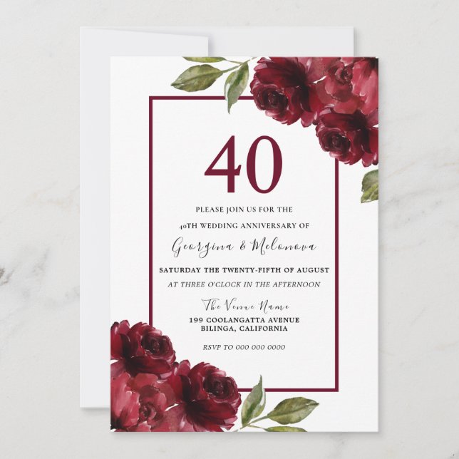 Invitación Rosas Rojas Rubí Románticas Aniversario de Bodas 4 (Anverso)