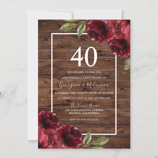 Invitación Rosas Rojas Rústicas Románticas 40 Aniversario de  (Anverso)