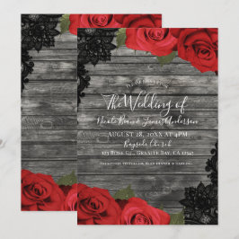 Invitación Rosas Rojas Rustico Madera Encaje Negro Boda