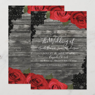 Invitación Rosas Rojas Rustico Madera Encaje Negro Boda