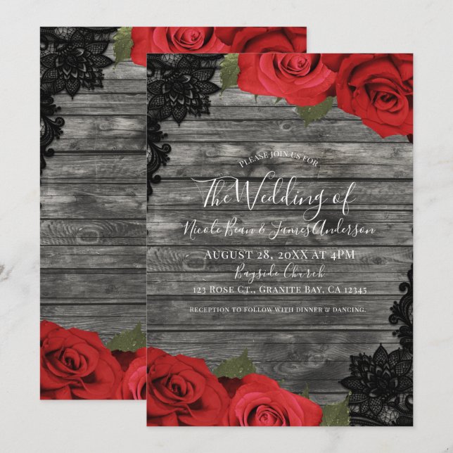 Invitación Rosas Rojas Rustico Madera Encaje Negro Boda (Anverso / Reverso)
