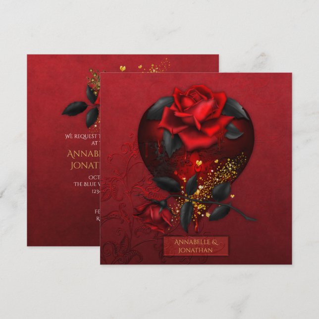 Invitación Rosas rojas sangrantes Negro deja Boda de oro | (Anverso / Reverso)