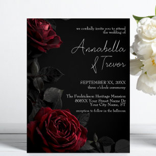 Invitación Rosas Rojas sobre Boda Gótica Floral Negra y Malhu