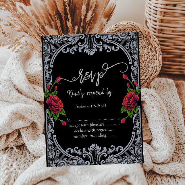 Invitación Rosas Rojas,Stripes Gótico  RSVP (Subido por el creador)