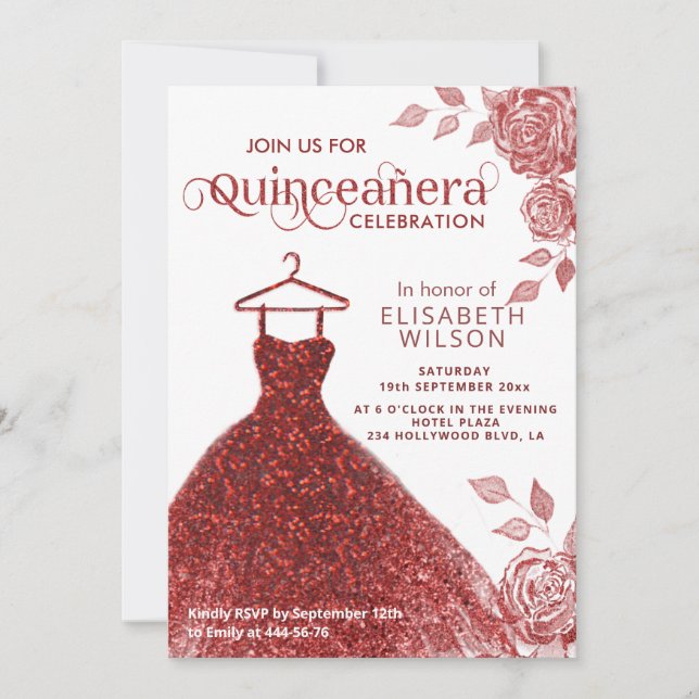 Invitación Rosas rojas vestido purpurina rojo Quinceañera Inv (Anverso)