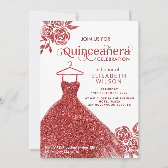 Invitación Rosas rojas vestido purpurina rojo Quinceañera Inv (Anverso)