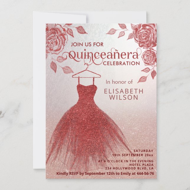Invitación Rosas rojas vestido purpurina rojo Quinceañera Inv (Anverso)