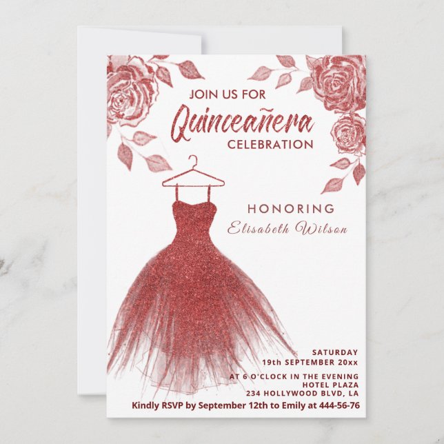 Invitación Rosas rojas vestido purpurina rojo Quinceañera Inv (Anverso)