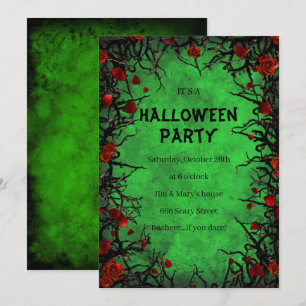 Invitación Rosas rojas Vides negras Pergamino verde Halloween
