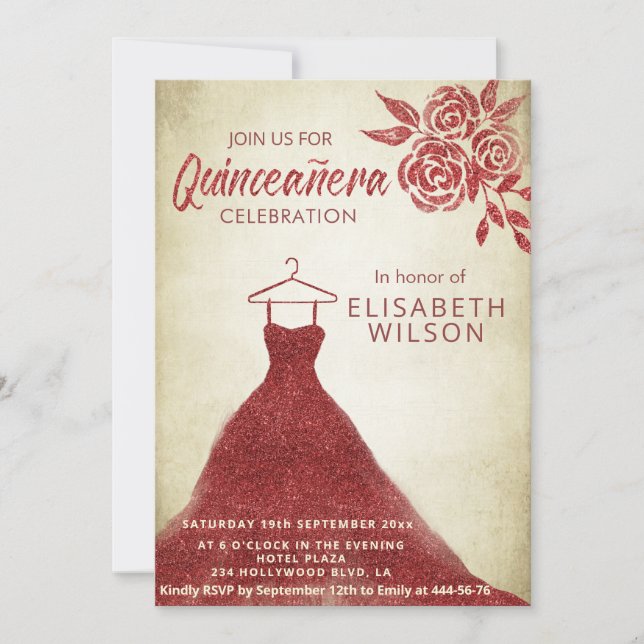 Invitación Rosas rojas vintage vestimenta purpurinoso Quincea (Anverso)