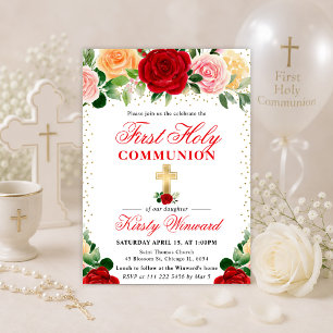 Invitación Rosas Rojas y Amarillas Primera Comunión