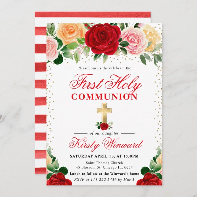 Invitación Rosas rojas y amarillas primera comunión sagrada (Anverso / Reverso)