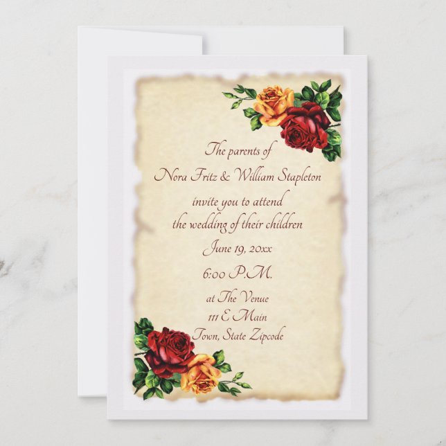 Invitación Rosas rojas y amarillas victorianas vintage (Anverso)