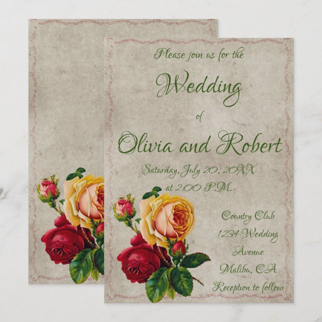 Invitación rosas rojas y amarillas vintage personalizadas (Anverso / Reverso)