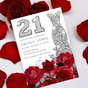 Invitación Rosas rojas y bata plateada Fiesta de cumpleaños 2