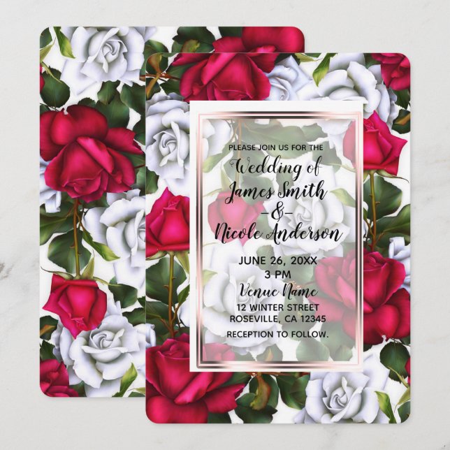 Invitación Rosas rojas y blancas Boda Glam Chic desgastada (Anverso / Reverso)