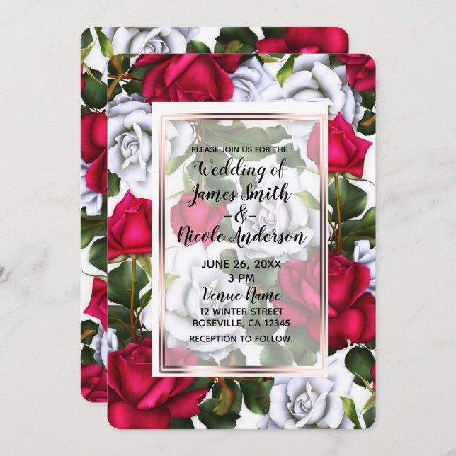 Invitación Rosas rojas y blancas Shabby Chic Glam Boda (Anverso / Reverso)