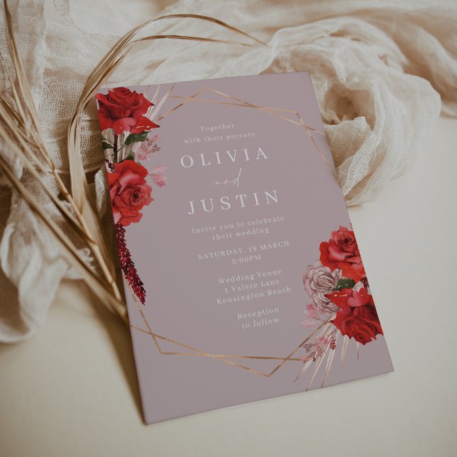 Invitación Rosas rojas y Boda de guirnaldas geométricas rosad (Subido por el creador)