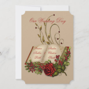 Invitación Rosas rojas y Boda de la Biblia abierta de oro