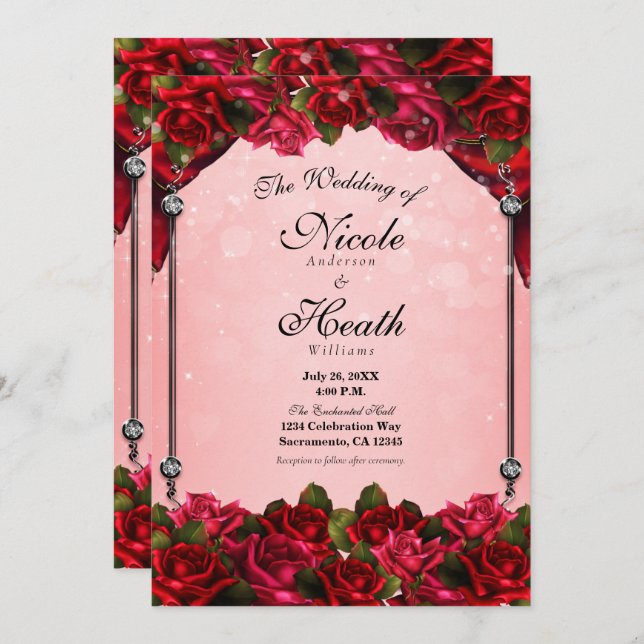 Invitación Rosas rojas y Boda de vidrio rosado (Anverso / Reverso)