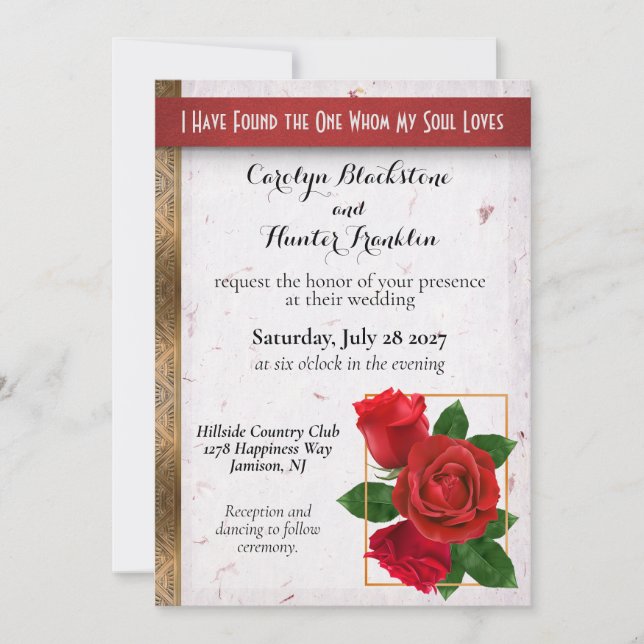 Invitación Rosas rojas y boda metálico de oro (Anverso)