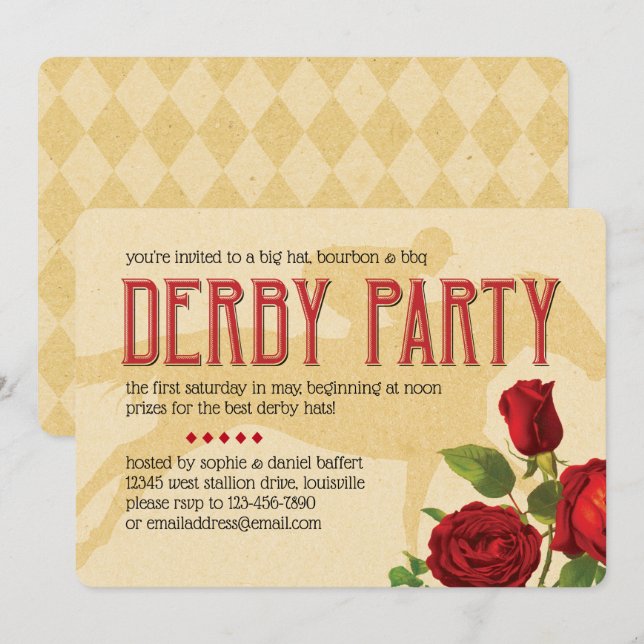 Invitación Rosas rojas y caballo de carreras del Fiesta Derby (Anverso / Reverso)