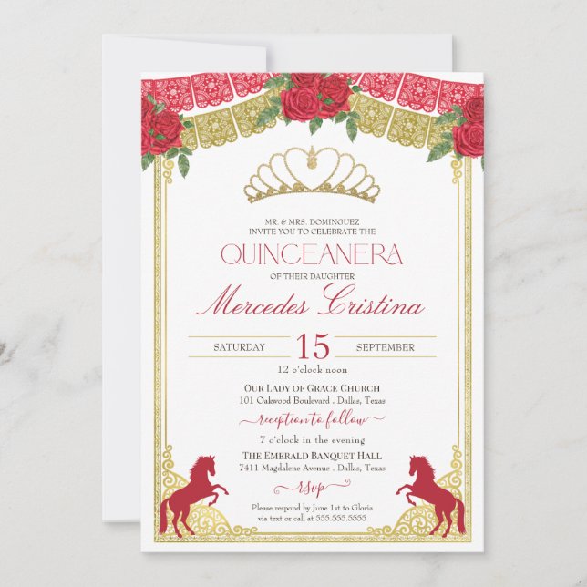 Invitación Rosas rojas y caballos de oro de la quinceañera oc (Anverso)