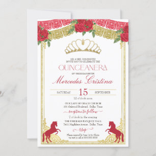 Invitación Rosas rojas y caballos de oro de la quinceañera oc