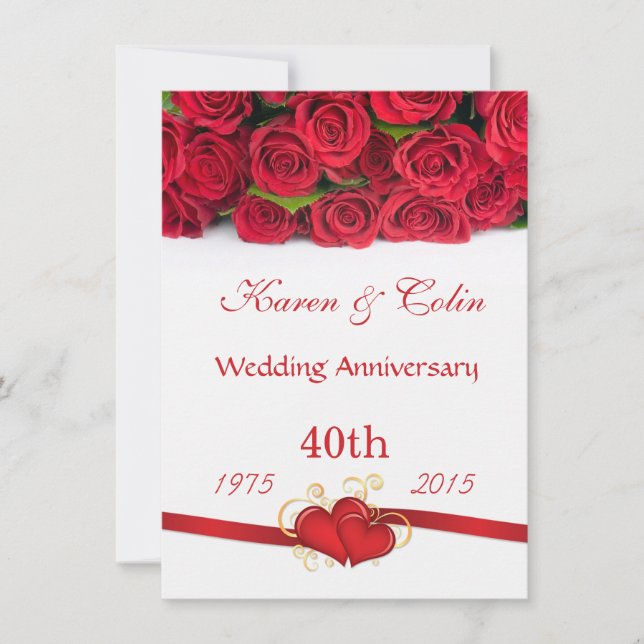 Invitación Rosas rojas y corazones 40 Aniversario de Bodas (Anverso)