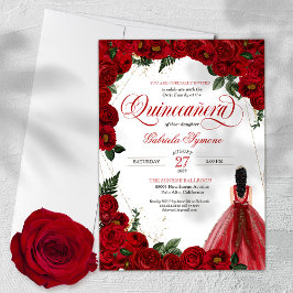 Invitación Rosas Rojas y Dorada Fancy Red Ball Guisada Quince